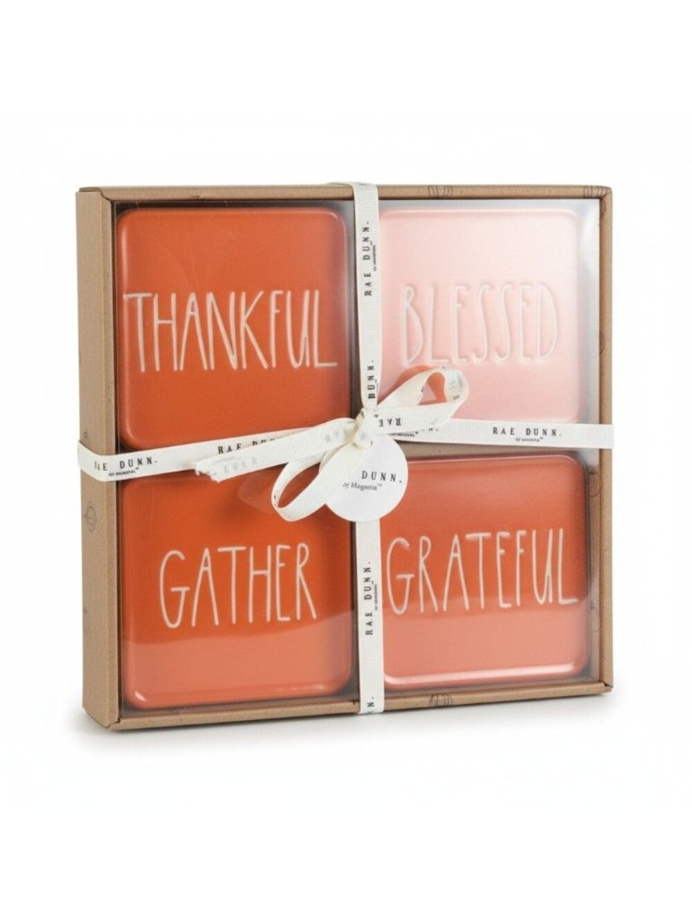 Rae Dunn Orange Ceramic Coasters Set of 4 Grateful Gather Thankful Blessed New